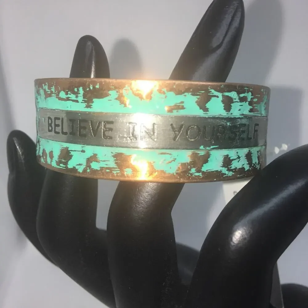 Believe In Yourself Oxidized Cuff Bracelet - Copper, Green - Picture 4 of 7